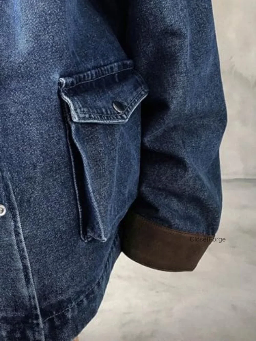 Oversized Y2K Denim Jacket Vintage Relaxed Fit Faux Leather Collar Long Sleeve